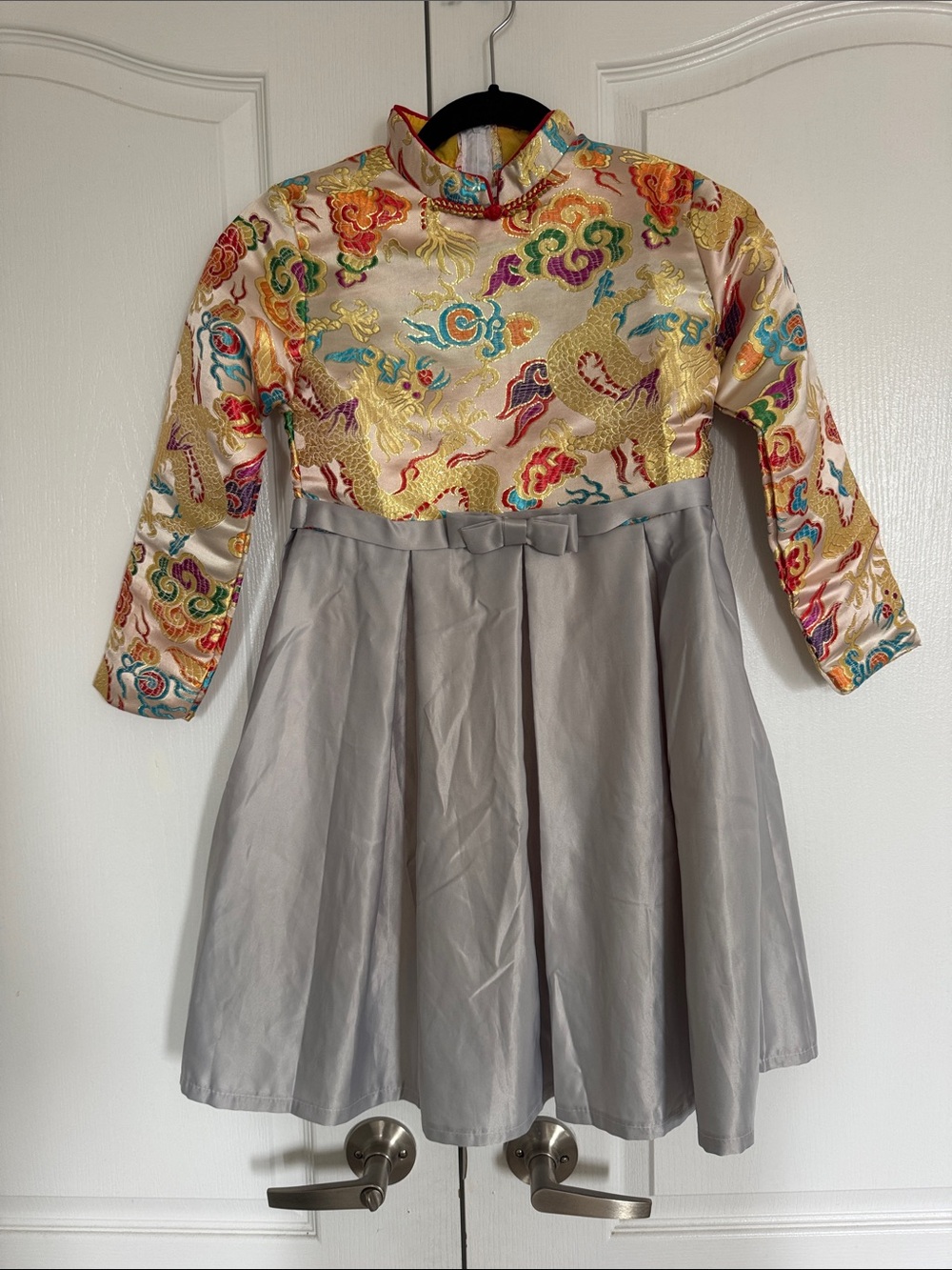 Traditional Dragon Brocade Top with Gray Skirt Girls Dress-small tear